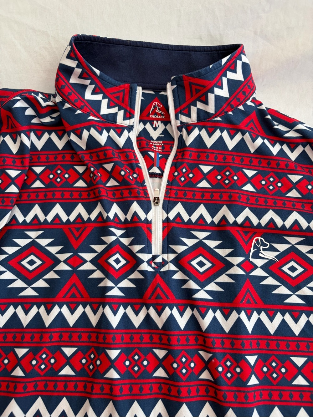 Rhoback Men's Red, Navy & White Geo Quarter-Zip Pullover Size M